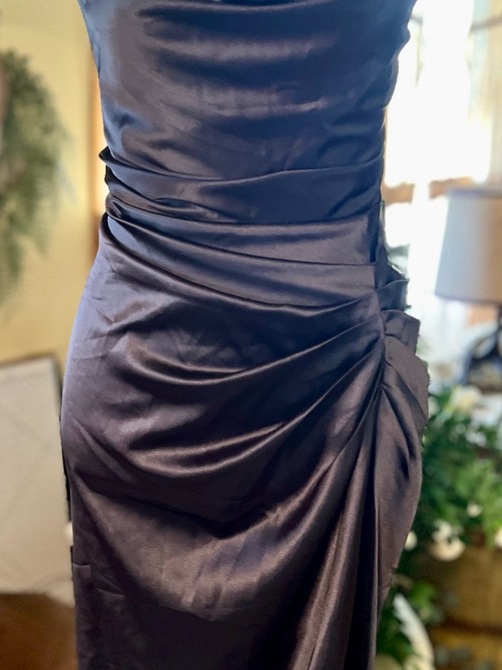 Elegant Black Satin Ruched Evening Dress